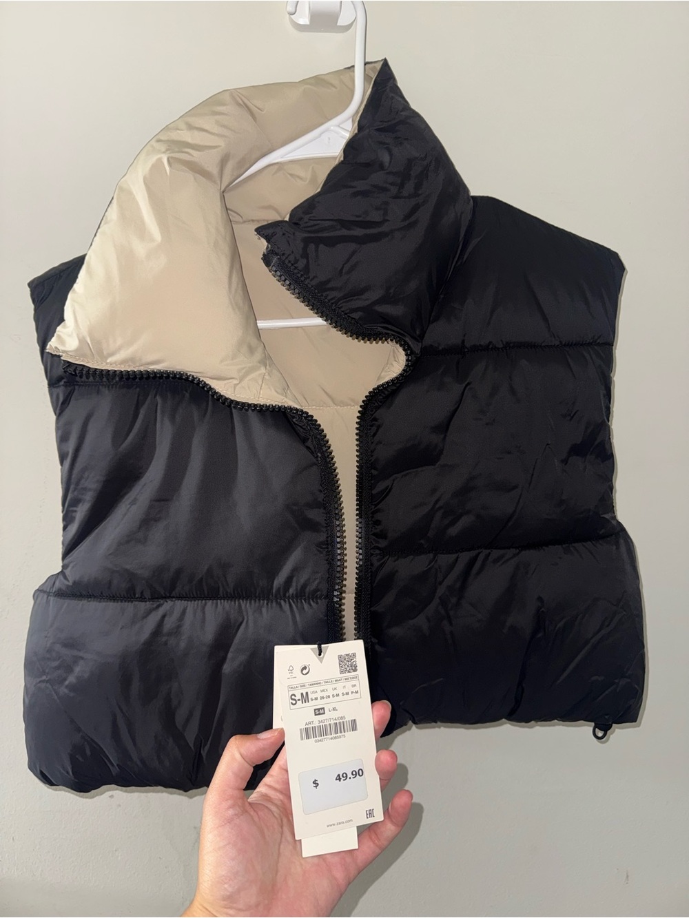 Zara Reversible Black & Cream Puffer Vest - Women's